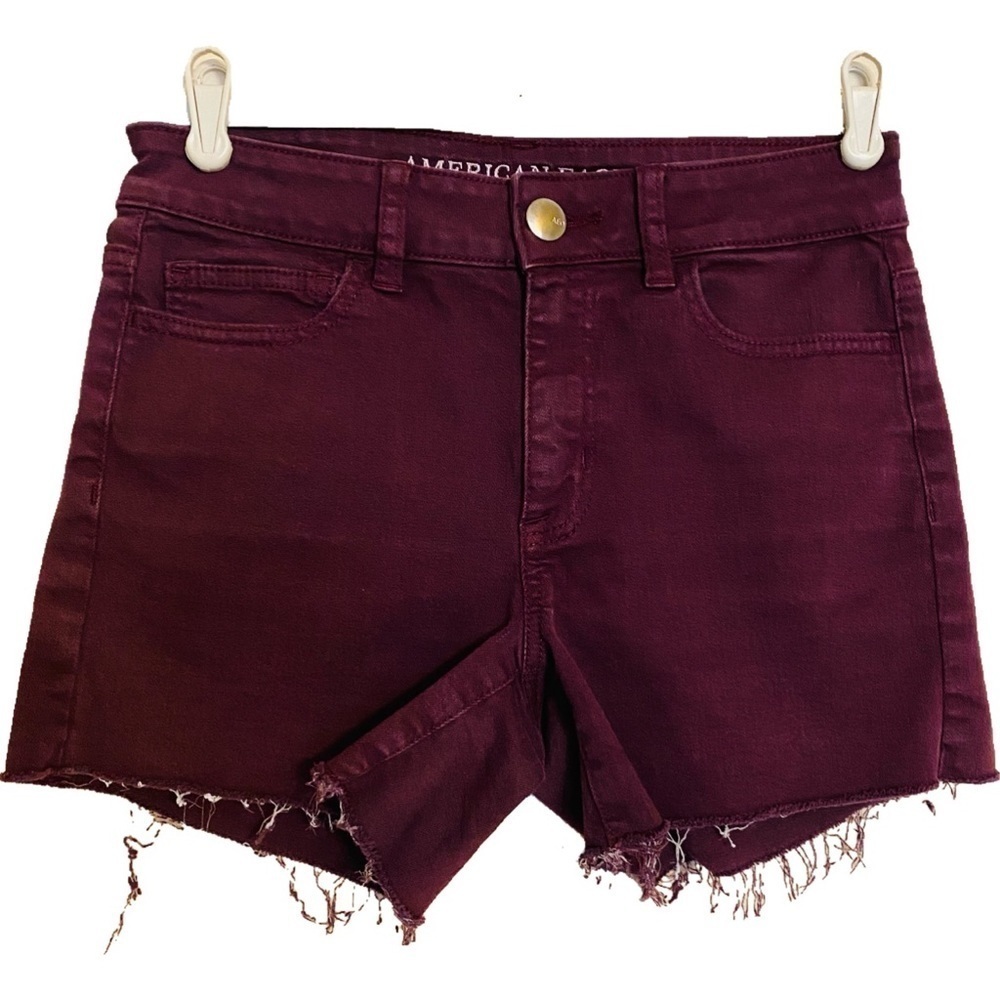 American Eagle AE Super Stretch Burgundy Denim Jean Shorts Hi-Rise Shortie Sz 4